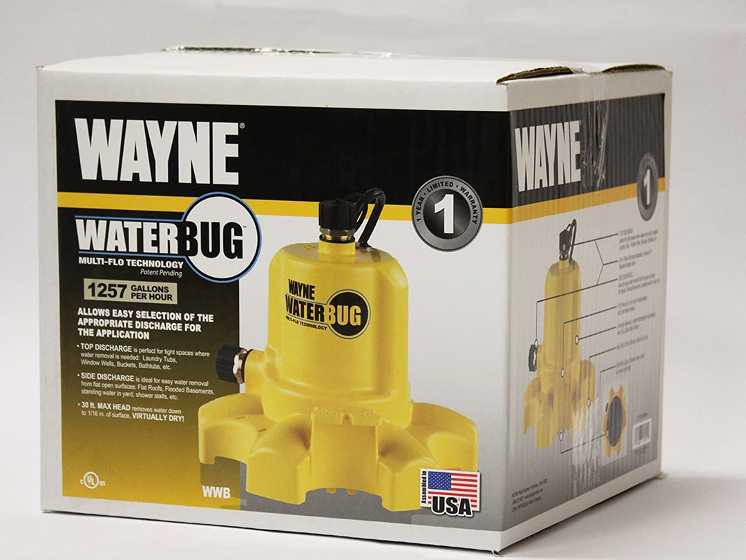 WAYNE WaterBUG 1/6 HP 1350 GPH Submersible Multi-Flo Technology-Water Removal and Transfer Pump, No Size, Yellow