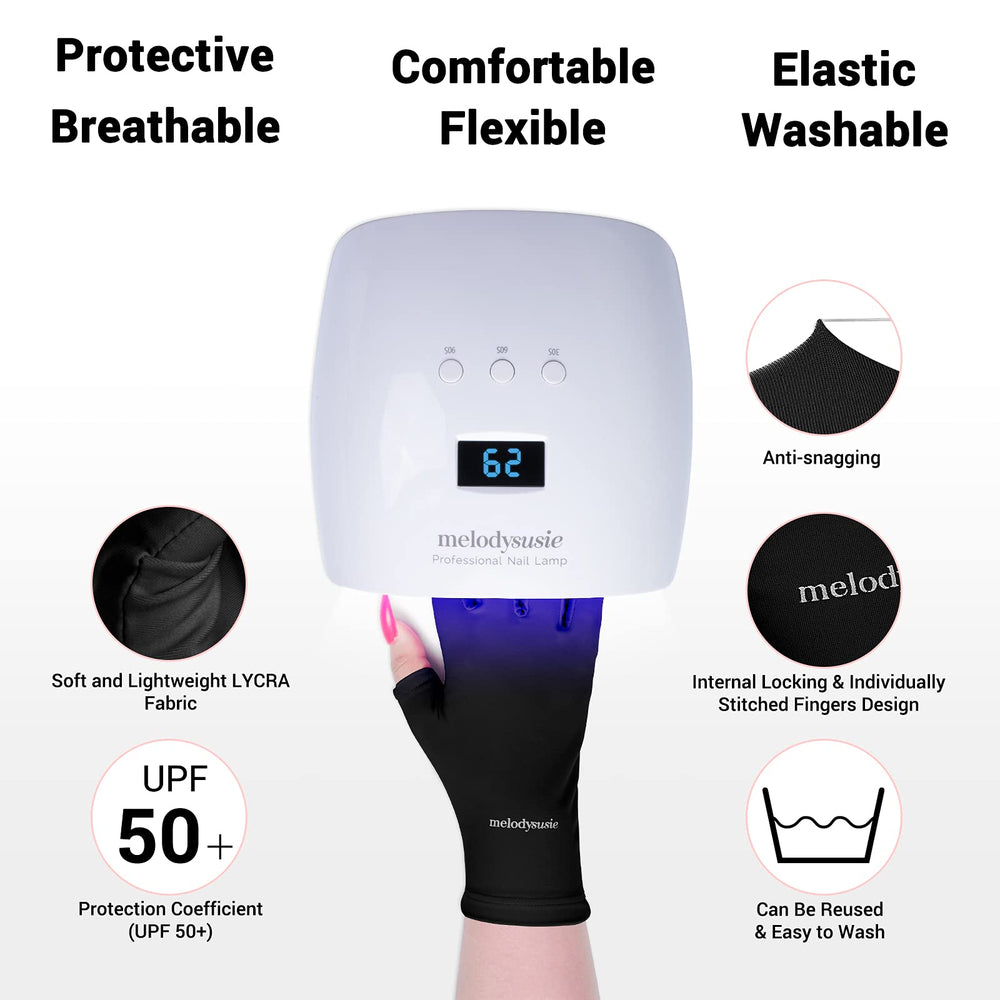 UV Gloves for Gel Nail Lamp, Professional UPF50+ Protection Gloves for Manicures, Nail Art Skin Care Fingerless Anti Glove Protect Hands from Harm (Black 2 Pack)