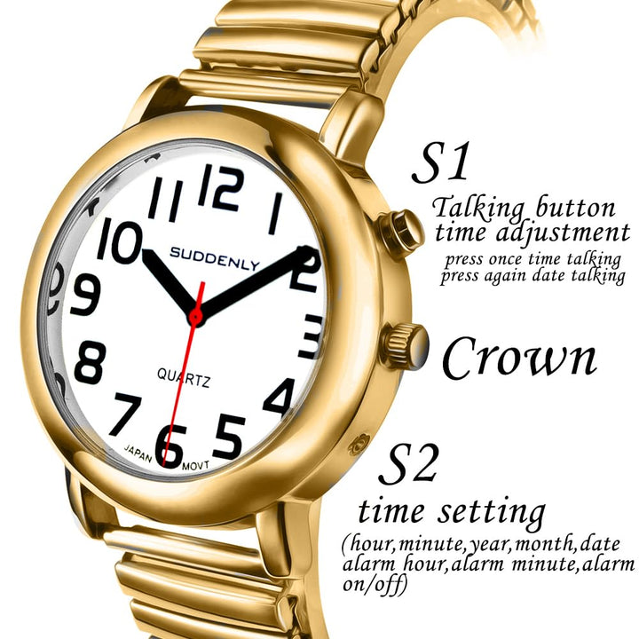 English Talking Watch for Seniors Unisex Men Women Loud Sound Time-Day-Date Alarm Clock for Visually Impaired