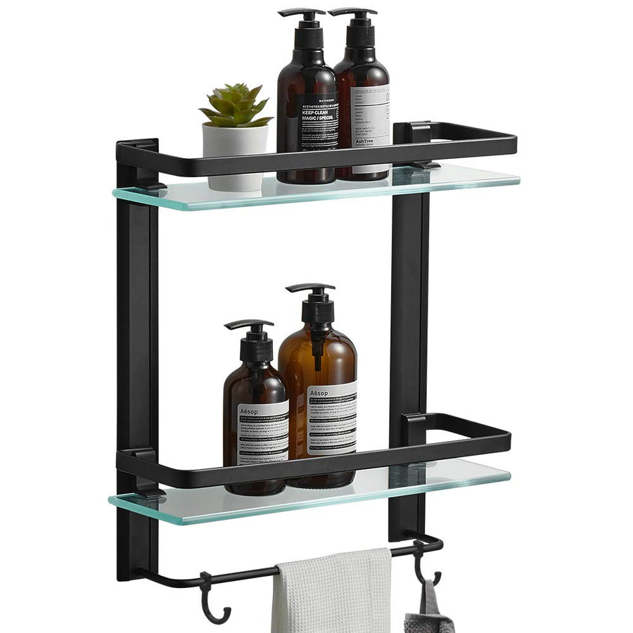 Heavy Duty Lavatory Glass Bathroom Shelf, 2 Tier Tempered Glass Shower Shelves with Towel Bar Wall Mounted, Shower Storage 15 by 5 inches, Matte Black Finish/Aluminum