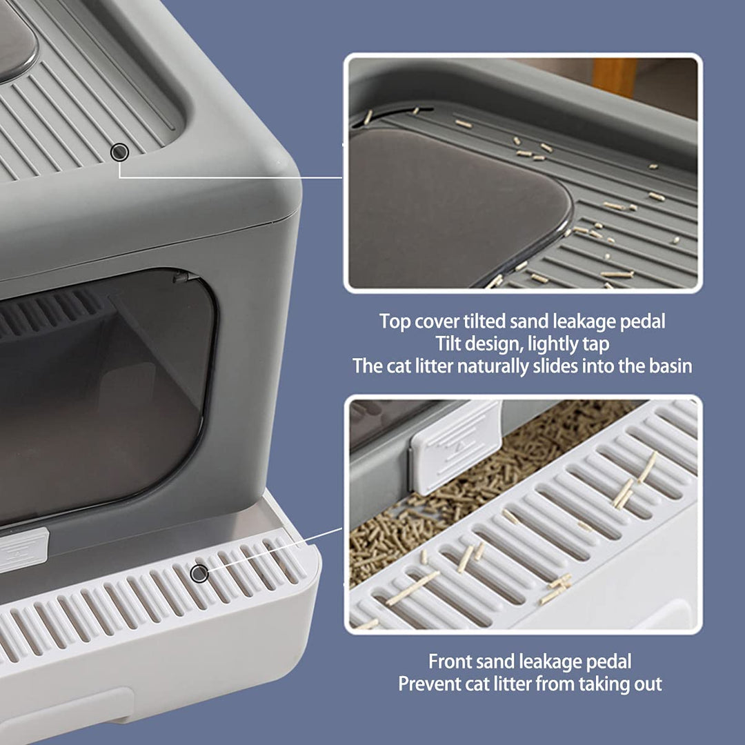 Top Entry Foldable Cat Litter Box with Lid, Plastic Scoop,Extra Large Space,Drawer Structure,Closed Smell Proof Anti-Splashing,Split Type for Easy Cleaning (New Grey)