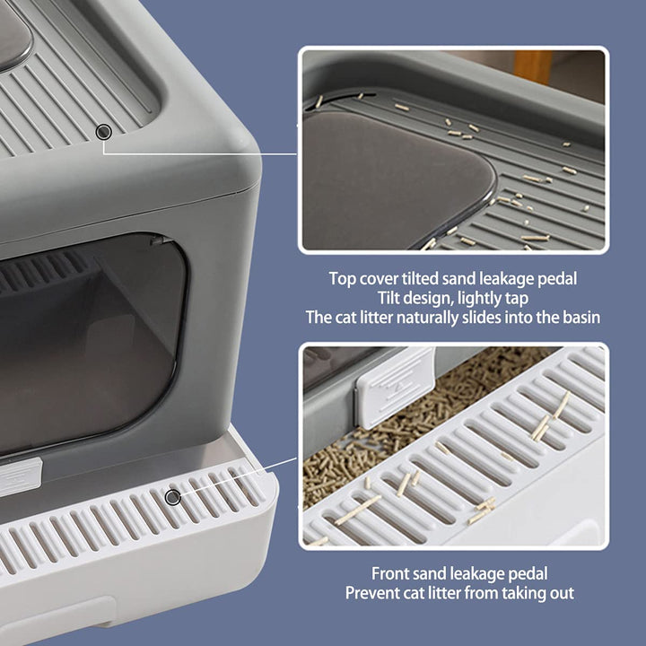 Top Entry Foldable Cat Litter Box with Lid, Plastic Scoop,Extra Large Space,Drawer Structure,Closed Smell Proof Anti-Splashing,Split Type for Easy Cleaning (New Grey)