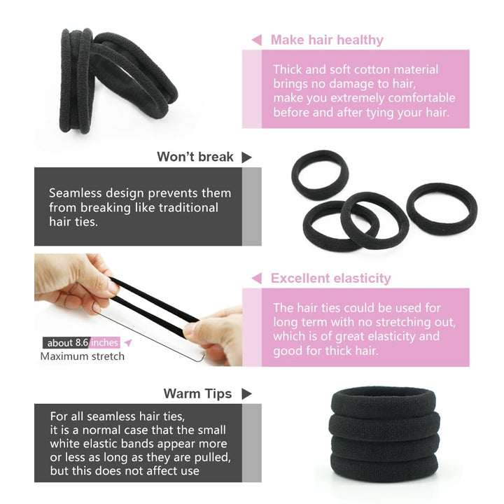 50 Pack Seamless Thick Cotton Hair Rubber Bands, Elastic Durable Ponytail Holders Hair Ties, Ponytail Buns Headbands, No Crease And Damage Hair Accessories For Kids, Girls And Women (Black)