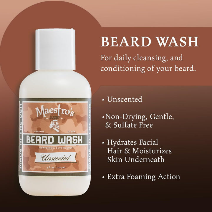 Maestro's Classic BEARD WASH | Deep Cleaning, Non-Drying, Fully Hydrating Gentle Cleanser For All Beard Types & Lengths- Unscented, 8 Ounce