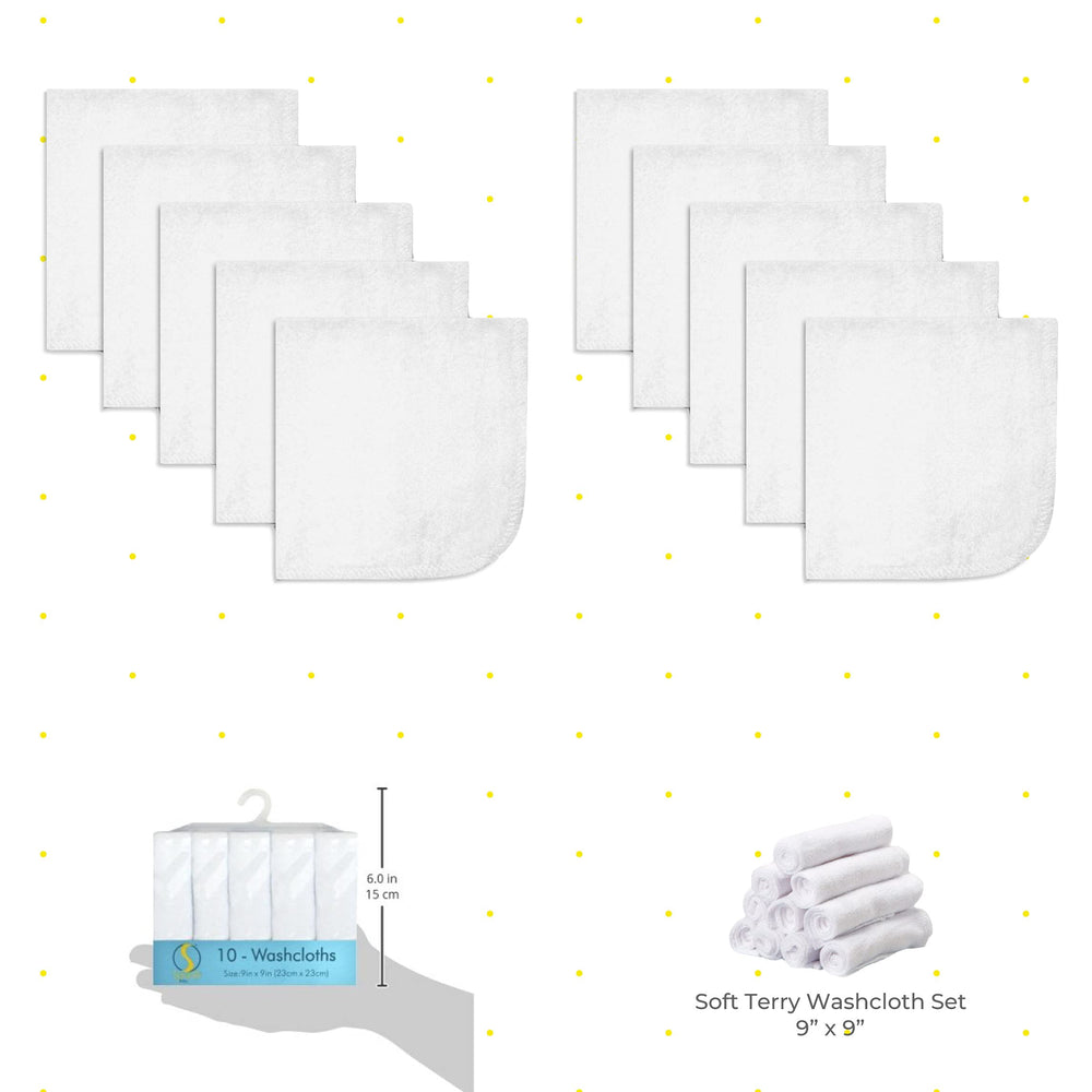 Washcloth Wipes Set for Newborn Boys and Girls, Soft Terry Washcloth Set, Pack of 10, White, (010-WTE)