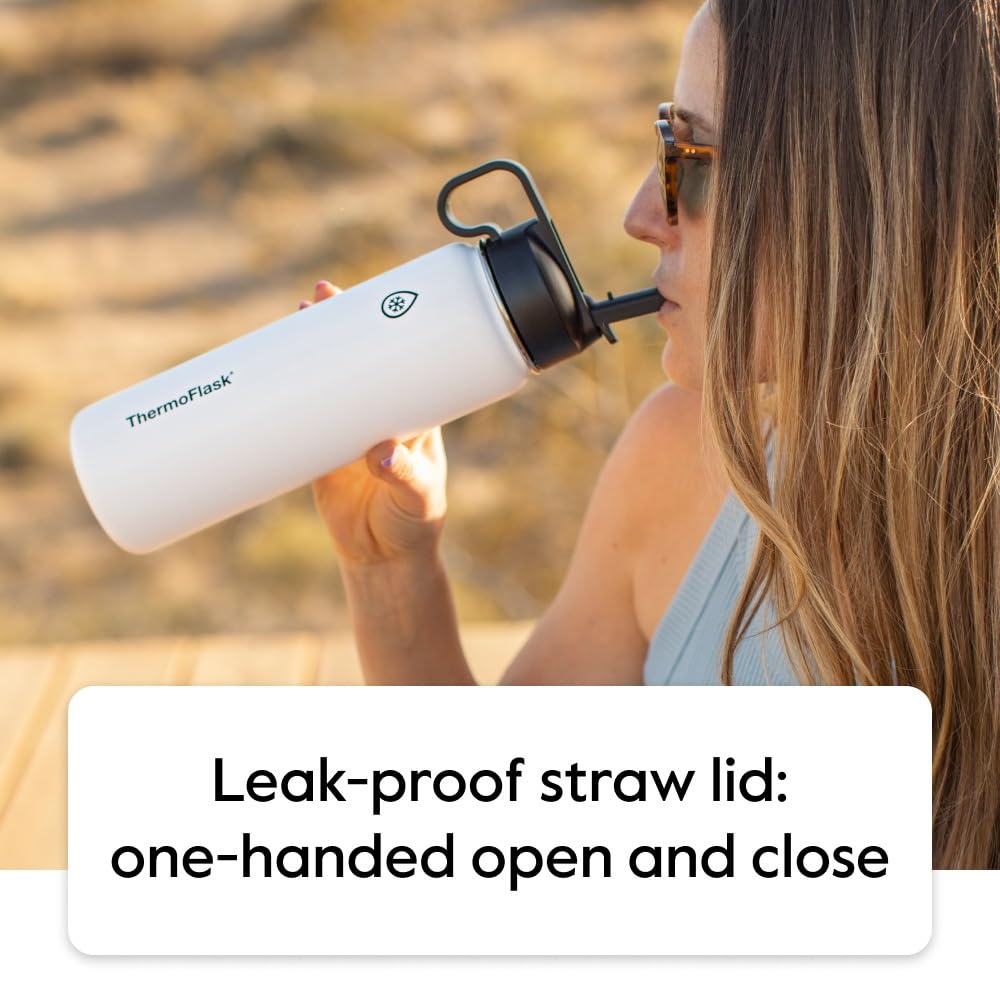 ThermoFlask 18 oz Double Wall Vacuum Insulated Stainless Steel Water Bottle with Spout and Straw Lids, Black