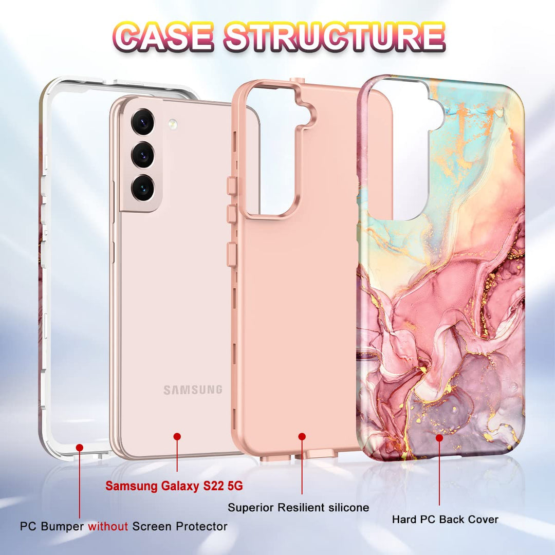 for Samsung Galaxy S22 5G 6.1 Inch Case,Marble Pattern 3 in 1 Heavy Duty Shockproof Full Body Rugged Hard PC+Soft Silicone Drop Protective Women Girl Cover, Rose Gold
