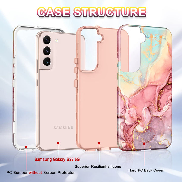 for Samsung Galaxy S22 5G 6.1 Inch Case,Marble Pattern 3 in 1 Heavy Duty Shockproof Full Body Rugged Hard PC+Soft Silicone Drop Protective Women Girl Cover, Rose Gold