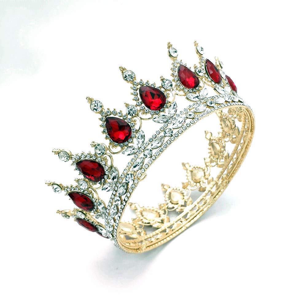 Bride Water Droplets Full Crown Pageant Crowns Princess Tiara Retro Round Crown Bride Hair Accessories (Red)