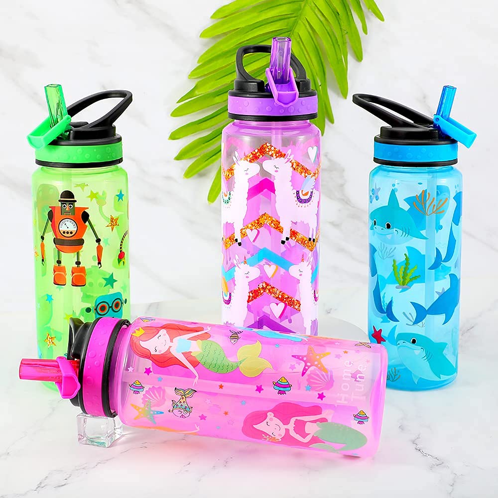 23oz Kids Water Drinking Bottle 2 Pack - BPA Free, Flip Straw Lid Cap, Lightweight, Carry Handle, Leak-Proof Water Bottle with Cute Design For Girls & Boys - Shark & Robot