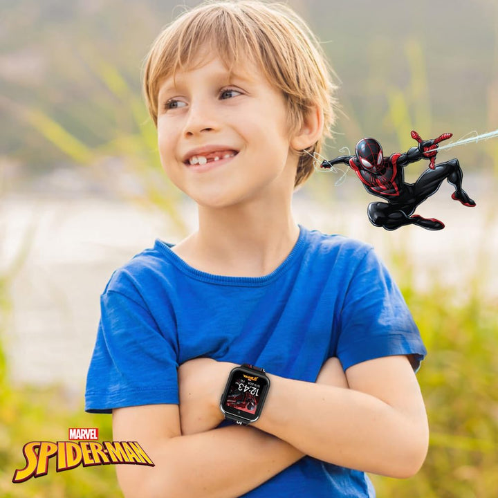 Accutime Kids Spider-Man Miles Morales Black Educational Touchscreen Smart Watch Toy for Boys, Girls, Toddlers - Selfie Cam, Learning Games, Alarm, Pedometer & More (Model: SPD4664AZ)