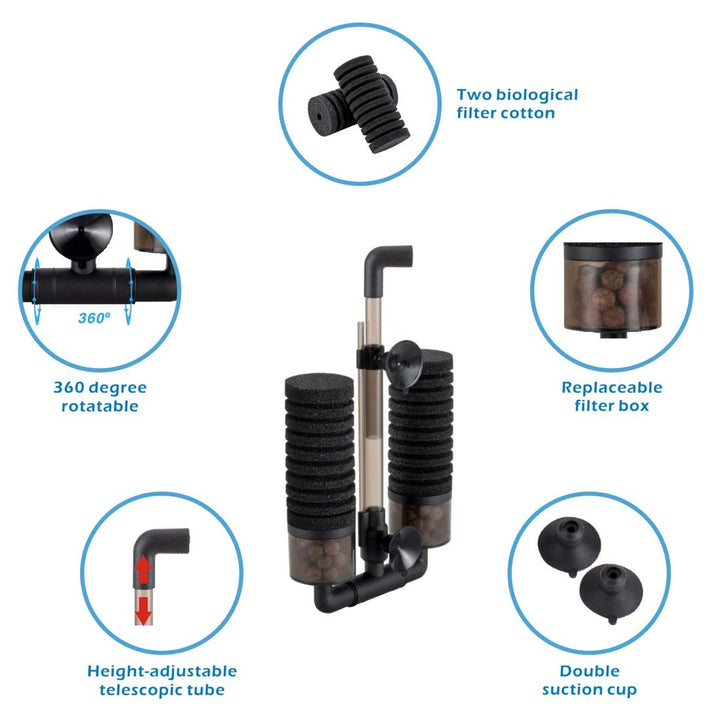 Sponge Filter, Aquarium Filter Double Sponge Replaceable Media with 4 Biochemical Sponges and 1 Bag of Filtered Ceramic Balls Ultra Quiet Filter Fish Tank (S/M)