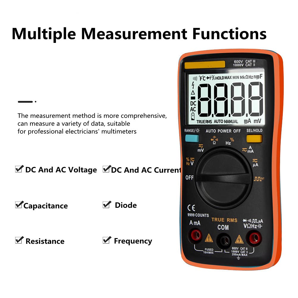 Digital Multimeter Autoranging, True-RMS Multimeter Leads Probes Clips for AC DC Voltage Ammeter Current Ohm Meter