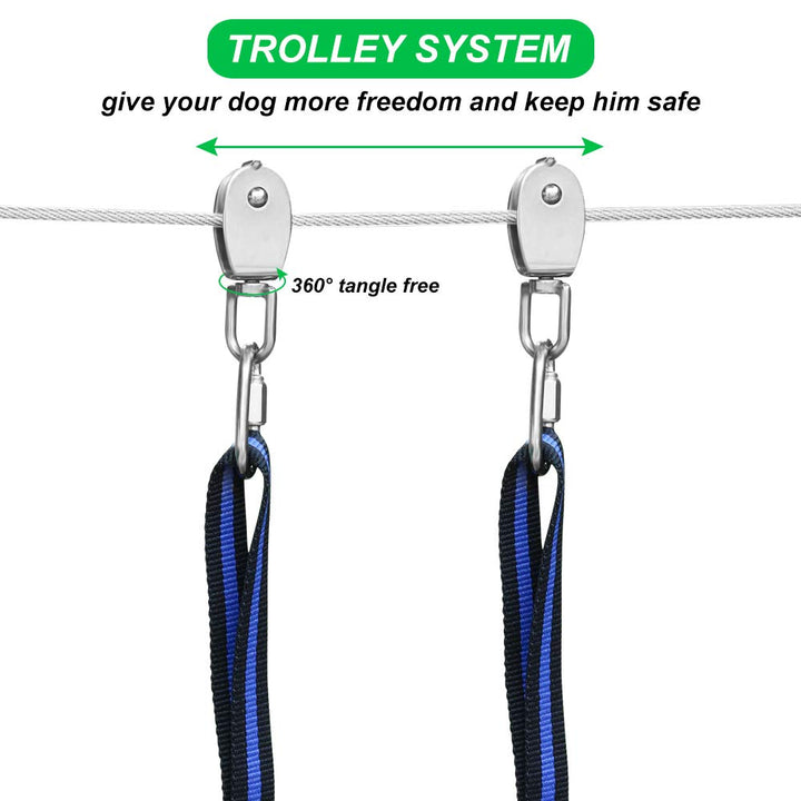 Dog Tie Out Cable, 100ft Dog Trolley Runner Cable for Dogs up to 250lbs, Dog Lead for Yard, Camping, Outdoor, with 8 Ft Nylon Bungee Runner, Cable Sling to Protect Trees