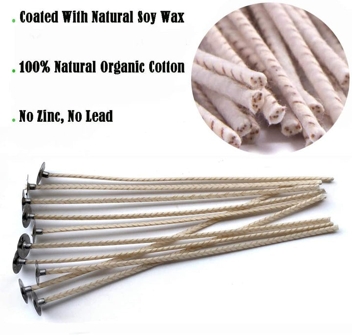 100pcs ECO 4 Wicks for Soy Candles, 6 inch Pre-Waxed Candle Wick for Candle Making,Thick Candle Wick with Base