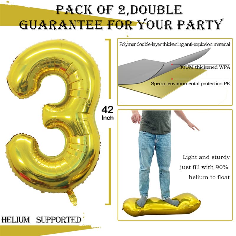 2 Pcs 42 Inch Gold Foil Balloons Number 3 ,Number Balloons for Party