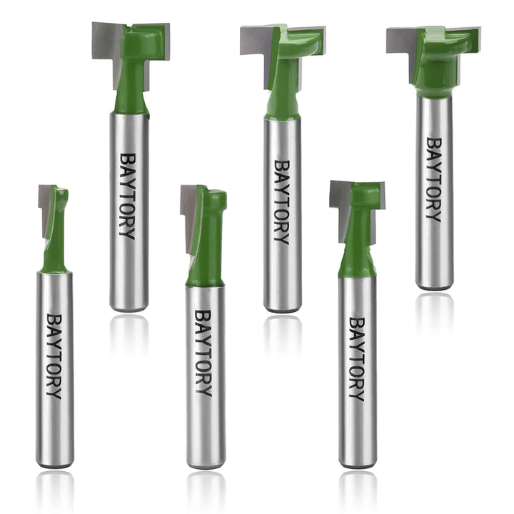 6Pcs Keyhole Router Bits Set, 1/4 Shank Router Keyhole Bit Set -1/4 & 5/16 & 3/8 & 9/16 & 1/2 & 5/8 inch Blade Diameter for Wood Hex Bolt T-Track Slotting Milling Cutters Set (Green)