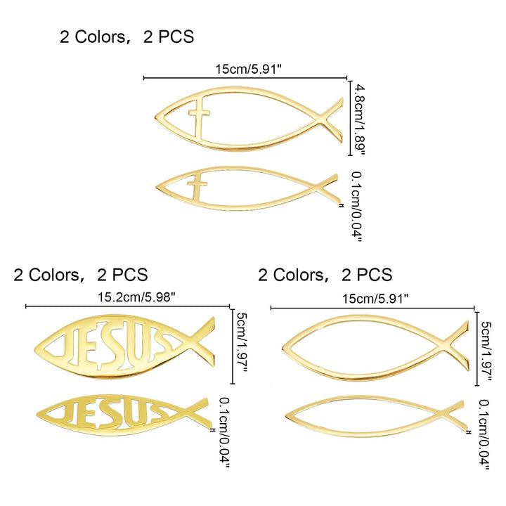 6pcs 6 Styles Jesus Fish Decal Sticker PVC Fish Car Emblem Religious God Jesus Christian Fish Cross Symbol Gold Sliver for DIY Car Decoration 5.9x2inch