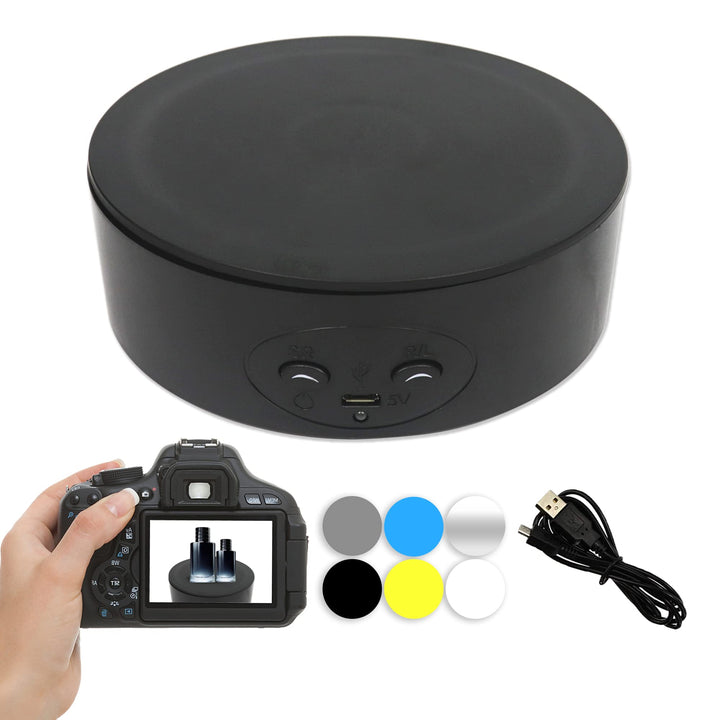 Motorized Rotating Display Stand 360 Degree Electric Photography Turntable with 6 PVC Backgrounds, Battery/USB Power Supply for Display Products Photography Jewelry Watch Models