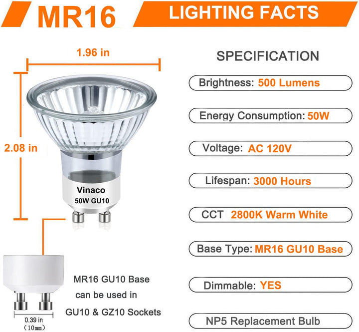 GU10 Bulb, 6 Pack Halogen 120V 50W, Dimmable, MR16 GU10 Light Bulb with Long Lasting Lifespan, gu10+c for Track&Recessed Lighting, Gu10 Base Bulb, 50W MR16/FL/GU10, Warm White