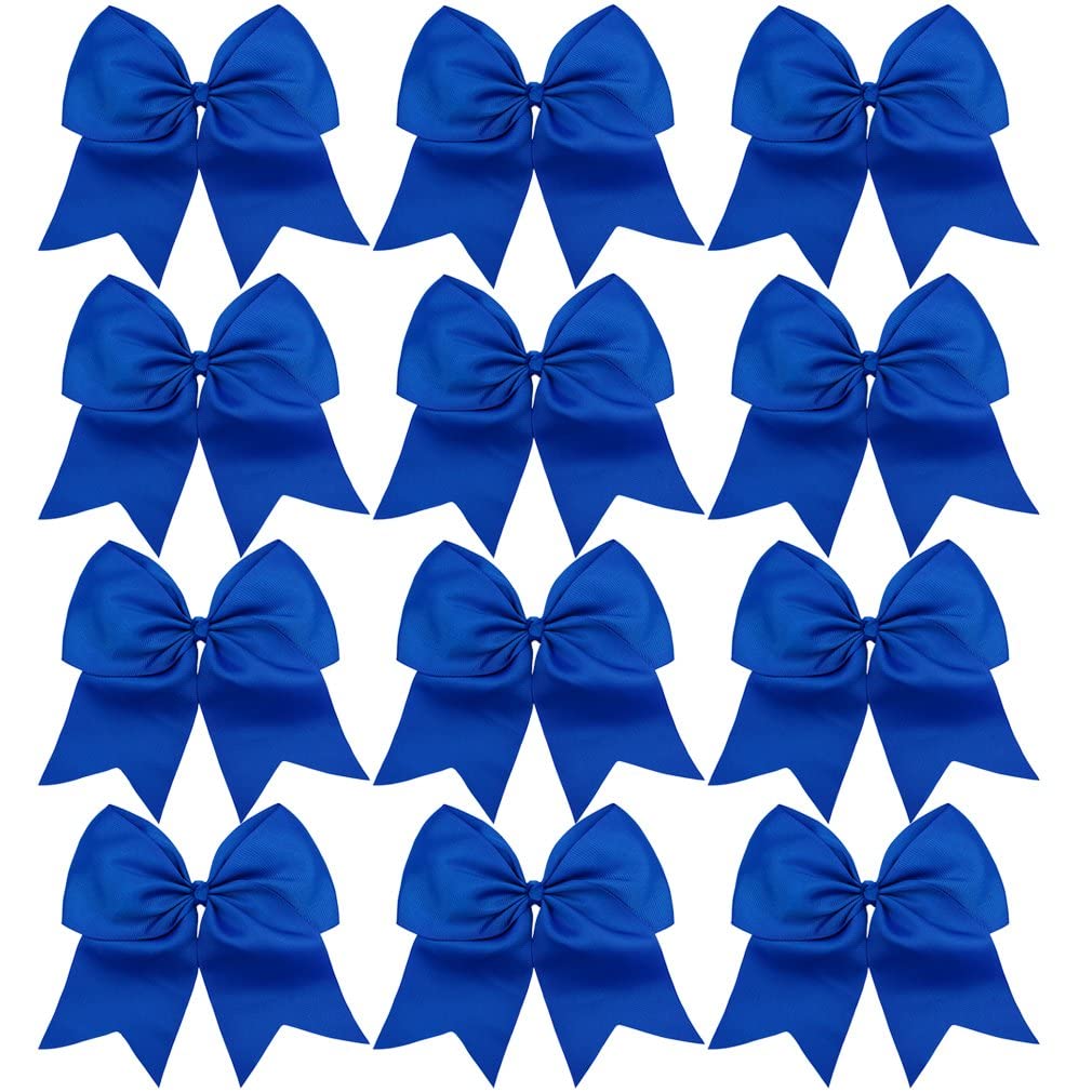 12PCS 8 Large Cheer Bow Blue Ponytail Holder Elastic Band Hair Ties Hair Bow Accessories for Cheerleading Teen Girls High School College Softball Competition Sports