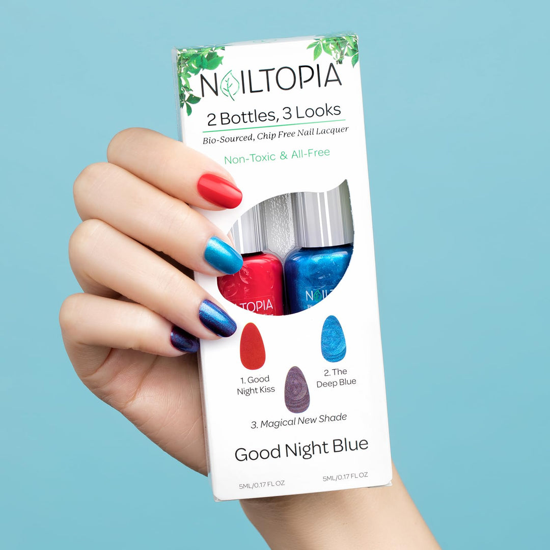 - 2 Bottles, 3 Looks Plant-Based Chip Free Nail Lacquer Kit - Non Toxic, Bio-Sourced, Long-Lasting, Strengthening Polish - Good Night Blue (Red With Blue Undertones And Blue Shimmer) - 2 Pc