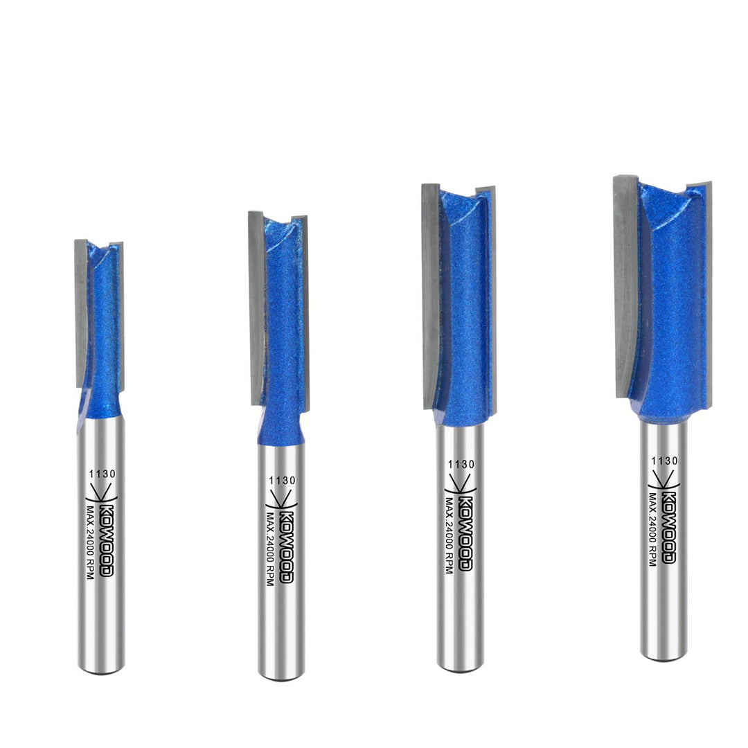 Plus Double Flute Straight Router Bit Set, 1/4 Inch Shank. Cutting Diameter in 1/4”, 5/16”, 3/8”, 1/2”. with updated Kowood C3 Carbide. Great for create groove, dado or hollow
