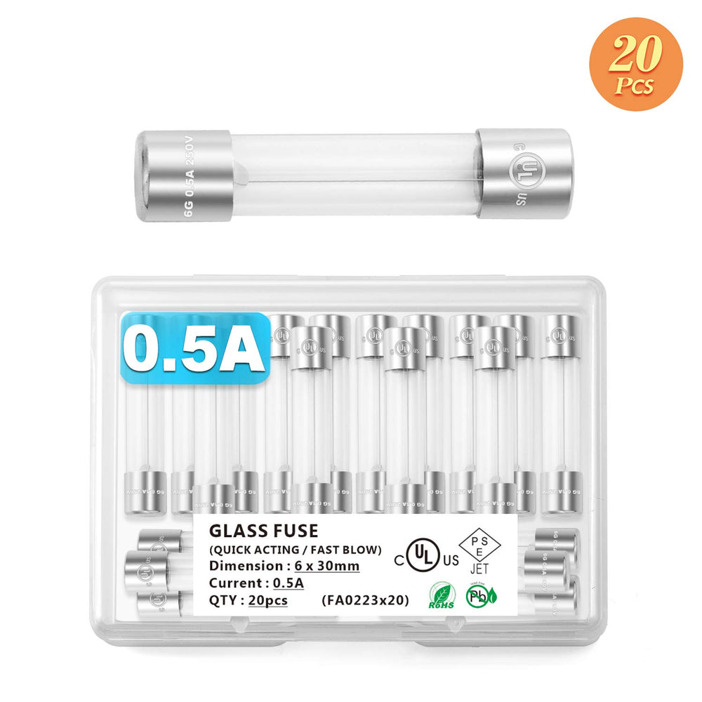 Chanzon(Pack of 20Pcs) UL Listed 6x30mm 0.5A 250V/125V 0.5 Amp Glass Fuses Fast Blow Cartridge Tube Fuse f500mal 125 V / 250 V (6.4mmx30.3mm)
