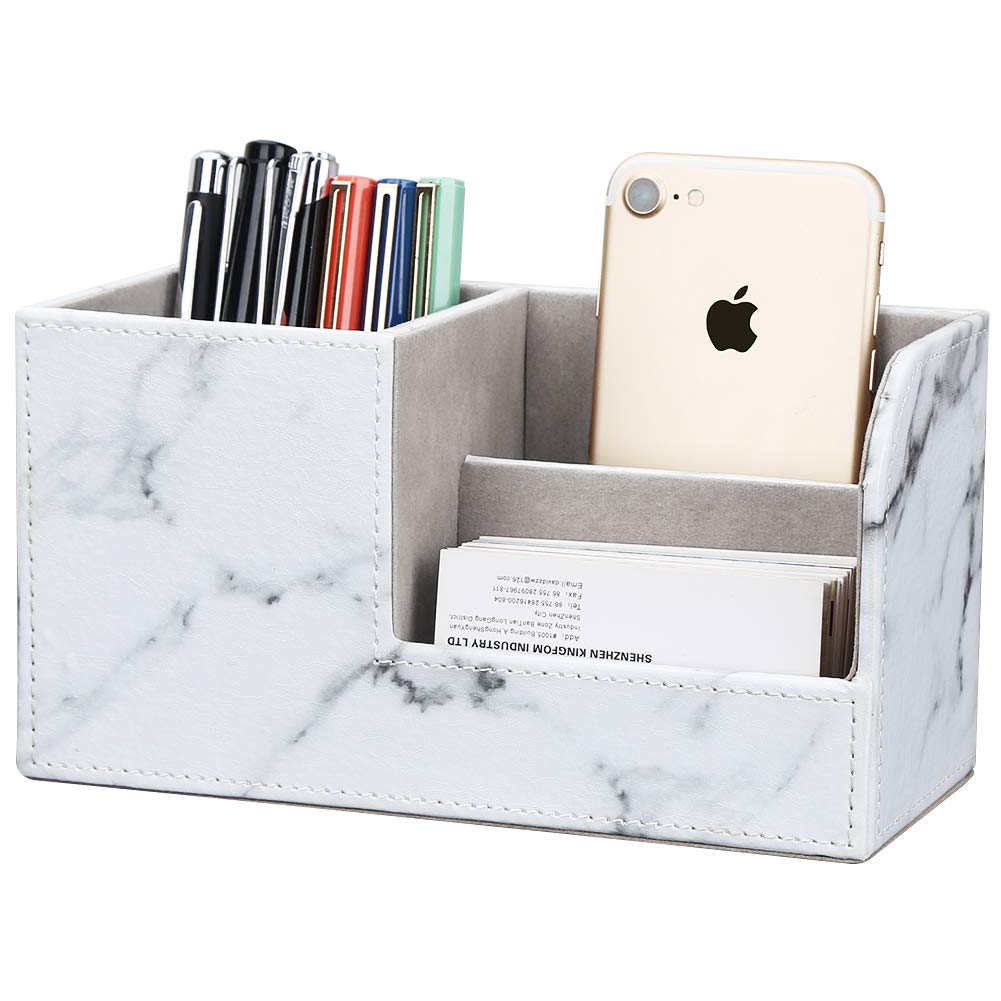 Desk Organizer Office Supplies Caddy Pu Leather Multi-function Storage Box Pen/Pencil,Cell phone, Business Name Cards Remote Control Holder Gray Marble