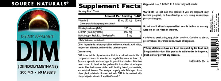 DIM, Diindolylmethane 200mg with BioPerine, Vitamin E & More - 60 Tablets