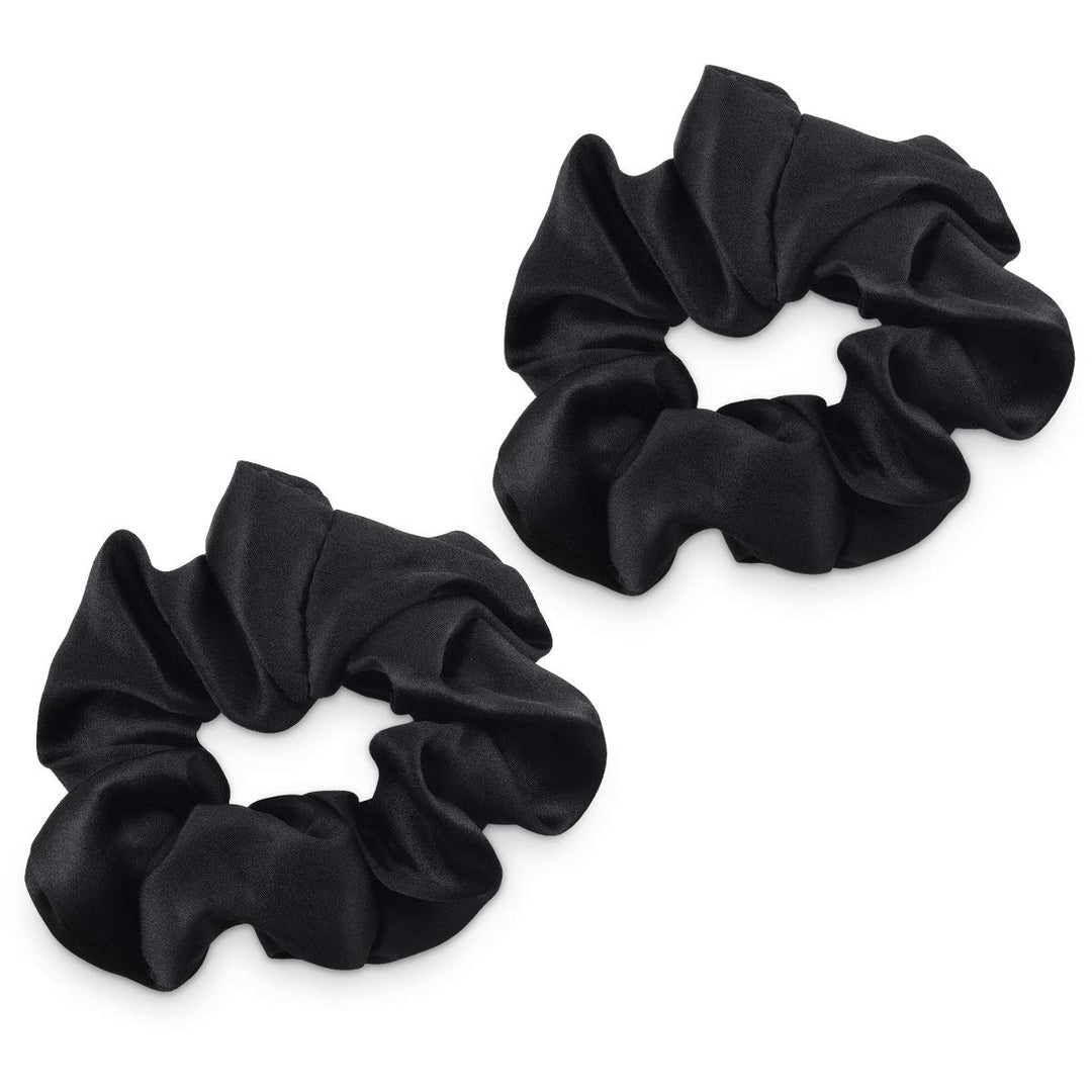 2 Pack Large Scrunchies for Hair - 100% Pure Silk Elastic Band Scrunchie Ponytail Holder Set for Women, Girls with All Hair Types - Black