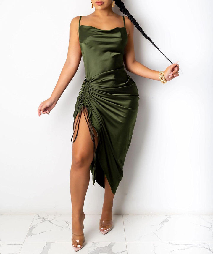 Women's Spaghetti Strap Satin Dress Sleeveless Cowl Neck Slit Lace Up Drawstring Ruched Brown Cocktail Midi Dress(BR,M)