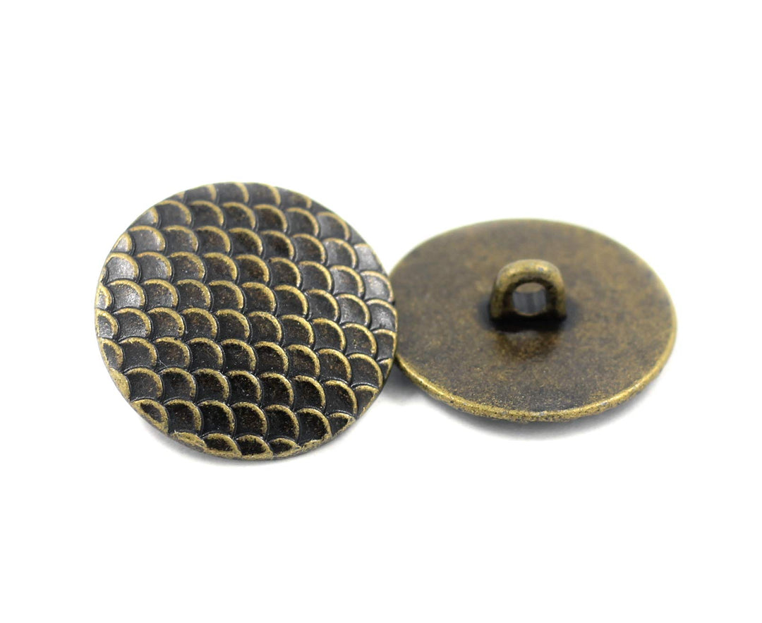Bezelry 10 Pieces Dragon Scales Metal Shank Buttons. 23mm (7/8 inch) (Antique Brass)