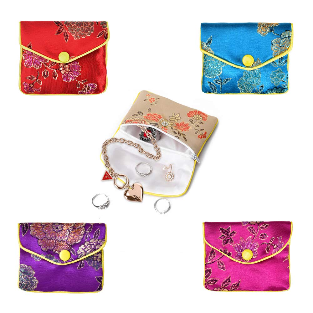 Jewelry Silk Purse New Year Pouch Bags Chinese Silk Style Brocade Embroidered Bags Coin Purse for Women 5 Colors, 20pcs