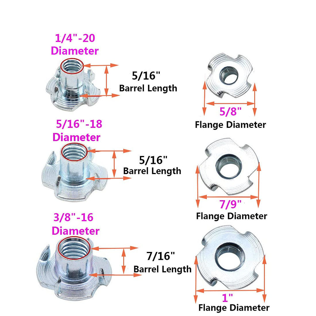 T Nuts 1/4-20,5/16-18, 3/8-16, 120pcs Zinc Plated Steel T-Nut 4 Pronged Tee Blind Nuts Assortment Kit for Wood, Rock Climbing Holds, Cabinetry, Furniture,etc.