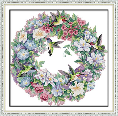 Cross Stitch kits Stamped Full Range of Embroidery Starter kits for Beginners DIY 11CT 3 Strands - The art of hummingbirds 25.6×25.2(inch)