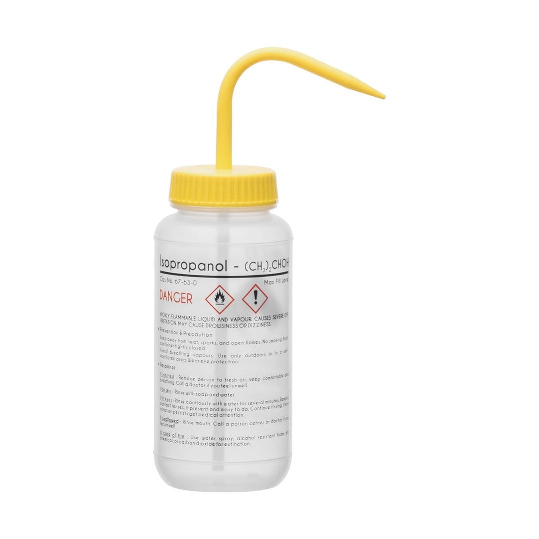 Wash Bottle for Isopropanol, 500ml - Labeled with Color Coded Chemical & Safety Information (4 Colors) - Wide Mouth, Self Venting, Low Density Polyethylene Labs