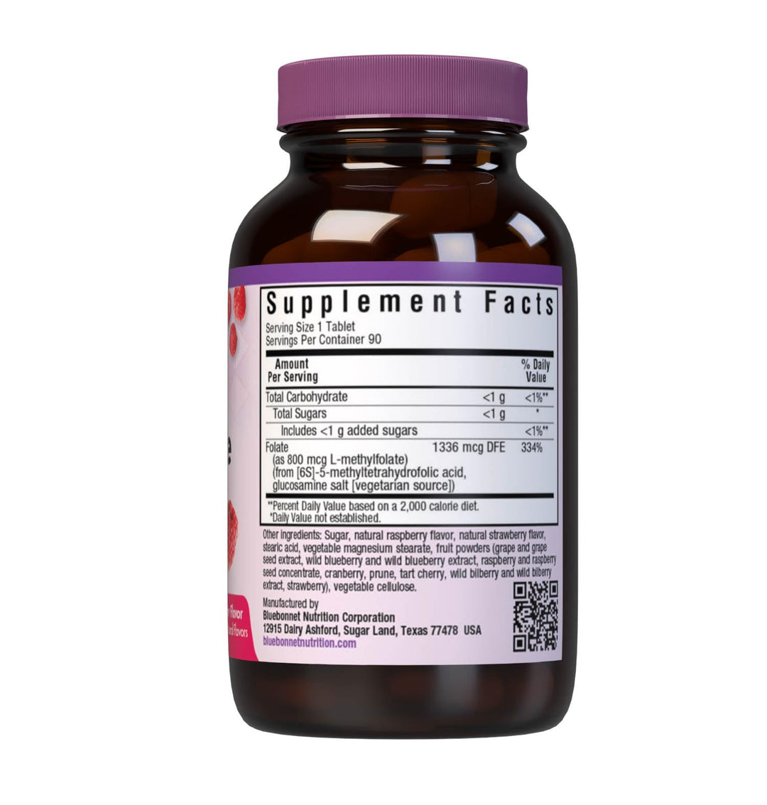 Bluebonnet EarthSweet Methylfolate 800 mcg Cellular Active Coenzyme 5-MTHF L Methyl Folate Supplement - Prenatal & Energy Support* - Non-GMO, Vegan, Gluten-Free - Raspberry - 90 Chewable Tablets