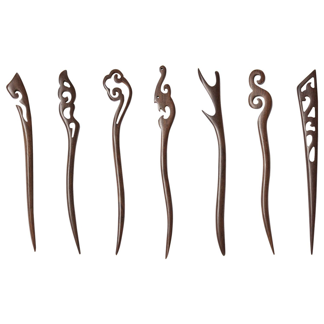7 Pack Handmade Chinese Japanese Black Wood Hair Pins Picks Wooden Carved Long Fork Pen Hairpins Sticks Clips Barrettes for Hair Bun