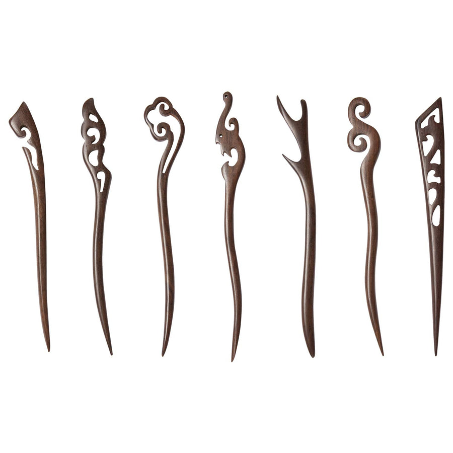 7 Pack Handmade Chinese Japanese Black Wood Hair Pins Picks Wooden Carved Long Fork Pen Hairpins Sticks Clips Barrettes for Hair Bun
