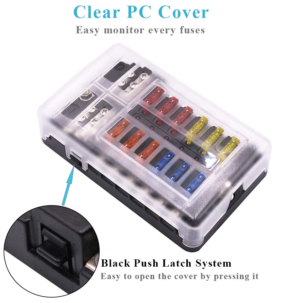 Boat Marine Fuse Block Panel with LED Warning Indicator Damp-Proof Cover - 12 Circuits with Negative Bus Fuse Box Holder Screw for Car Marine RV Truck DC 12-24V, Fuses Included