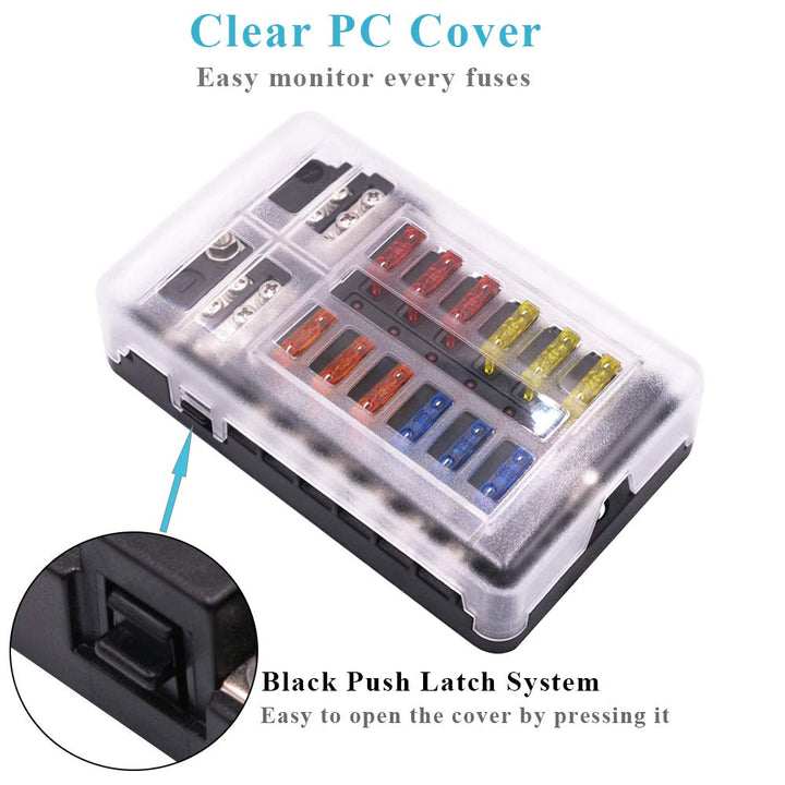 Boat Marine Fuse Block Panel with LED Warning Indicator Damp-Proof Cover - 12 Circuits with Negative Bus Fuse Box Holder Screw for Car Marine RV Truck DC 12-24V, Fuses Included