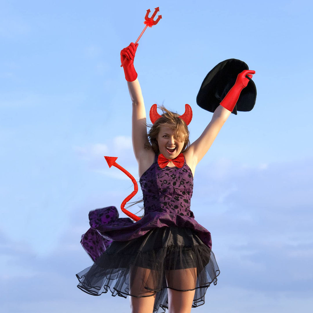 Devil Costume Accessories, Devil Horn Headband, Bow Tie, Tail, Devil Fork and Long Gloves for Halloween Carnival Costume(Black)