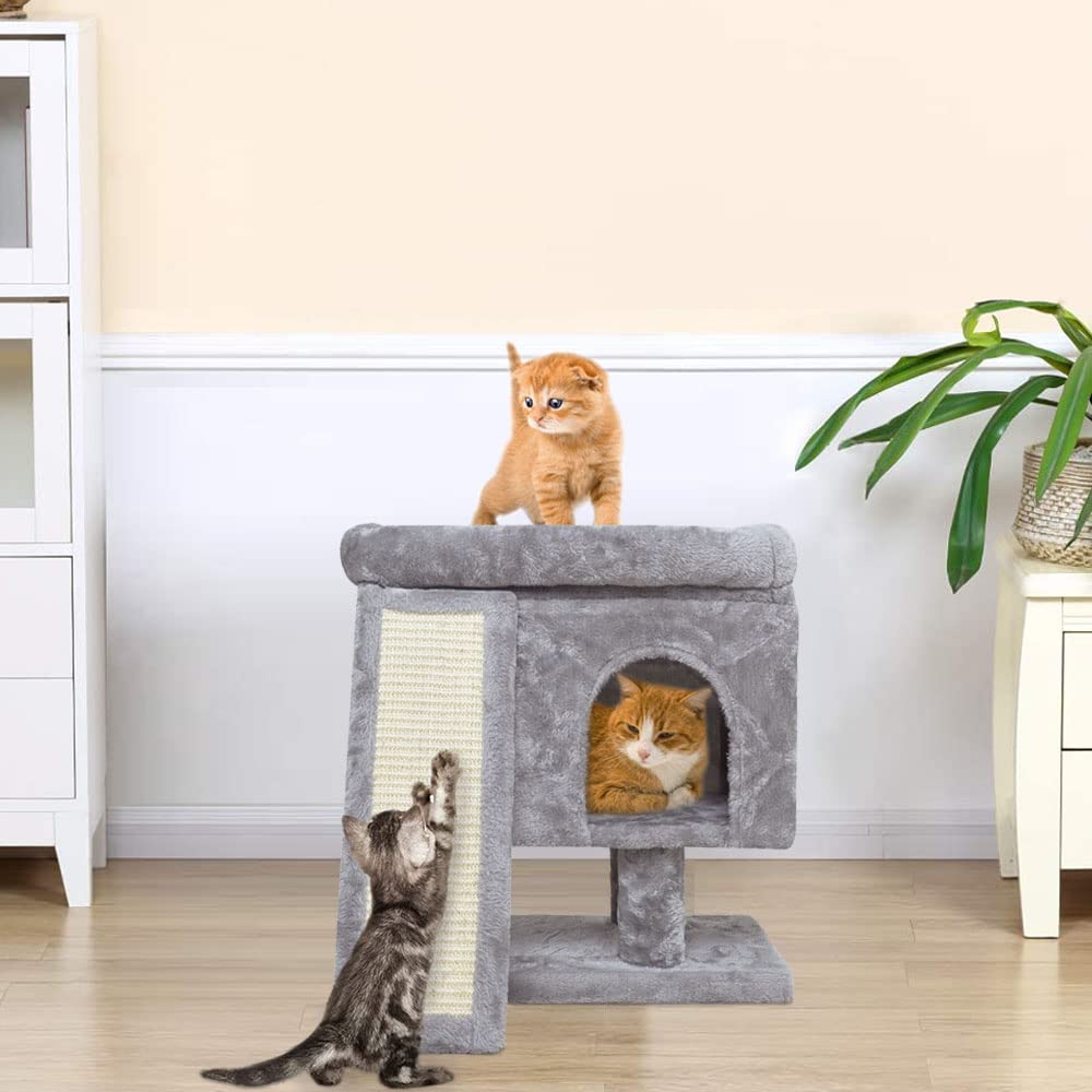 Small Cat Tree for Indoor Cats, Cat Tower with Scratching Post, Modern Activity House for Large Cats, Condo with Board, Kittens Cave (Light Grey)