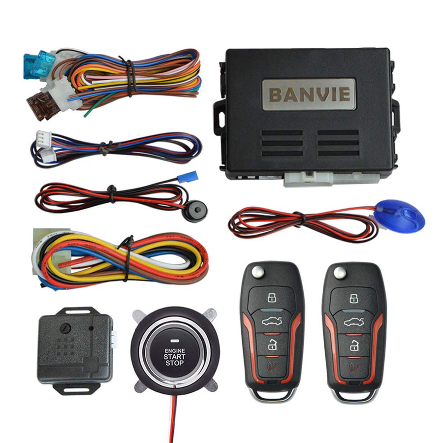 Car Keyless Entry Security Alarm System + Remote Engine Starter + Push to Start Stop Iginition Kit Button