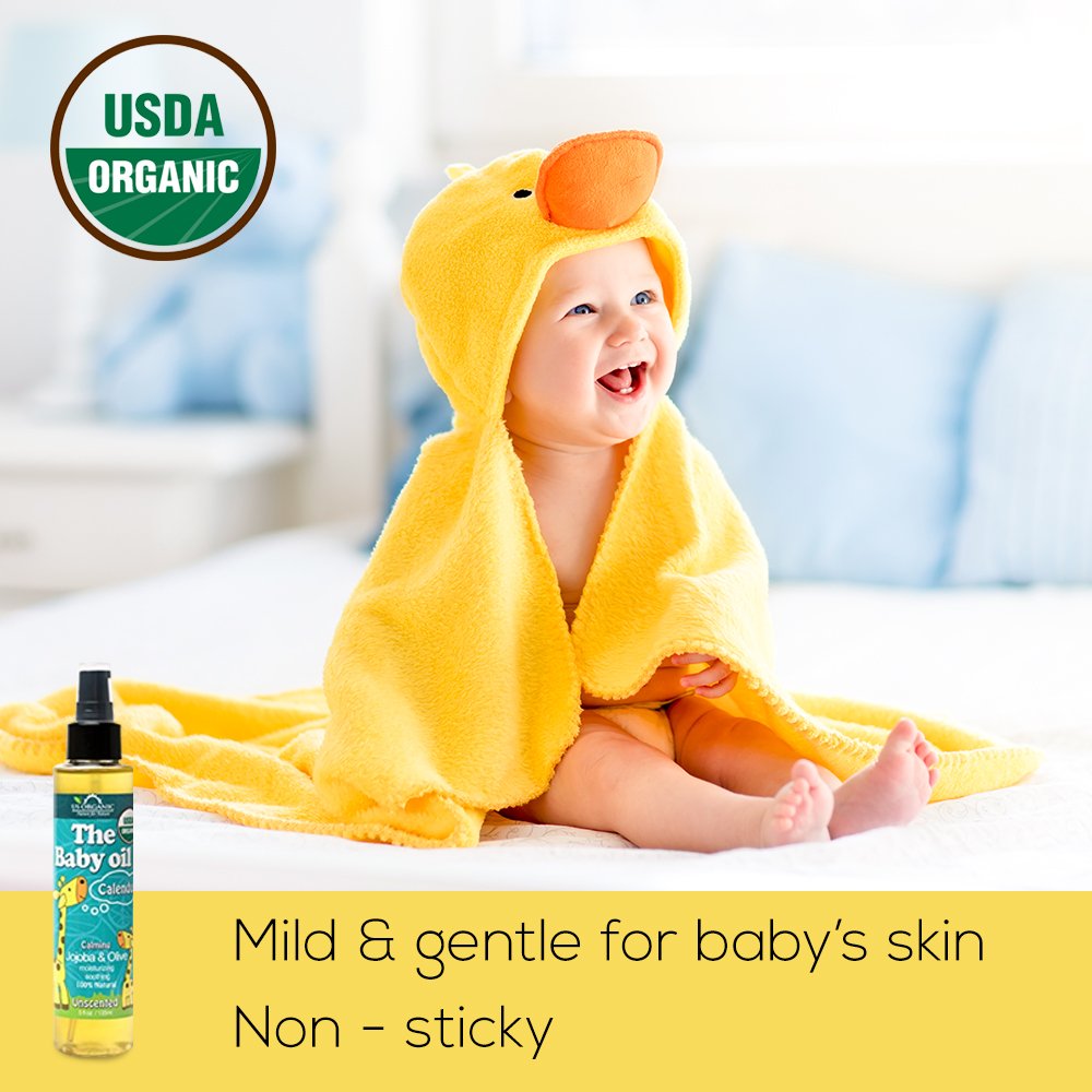Baby Oil with Calendula, Jojoba, and Olive Oil with Vitamin E, USDA Certified Organic, No Alcohol, Paraben, Artificial Detergents, Color, Synthetic Perfumes, 5 fl. Oz (Pure Unscented)