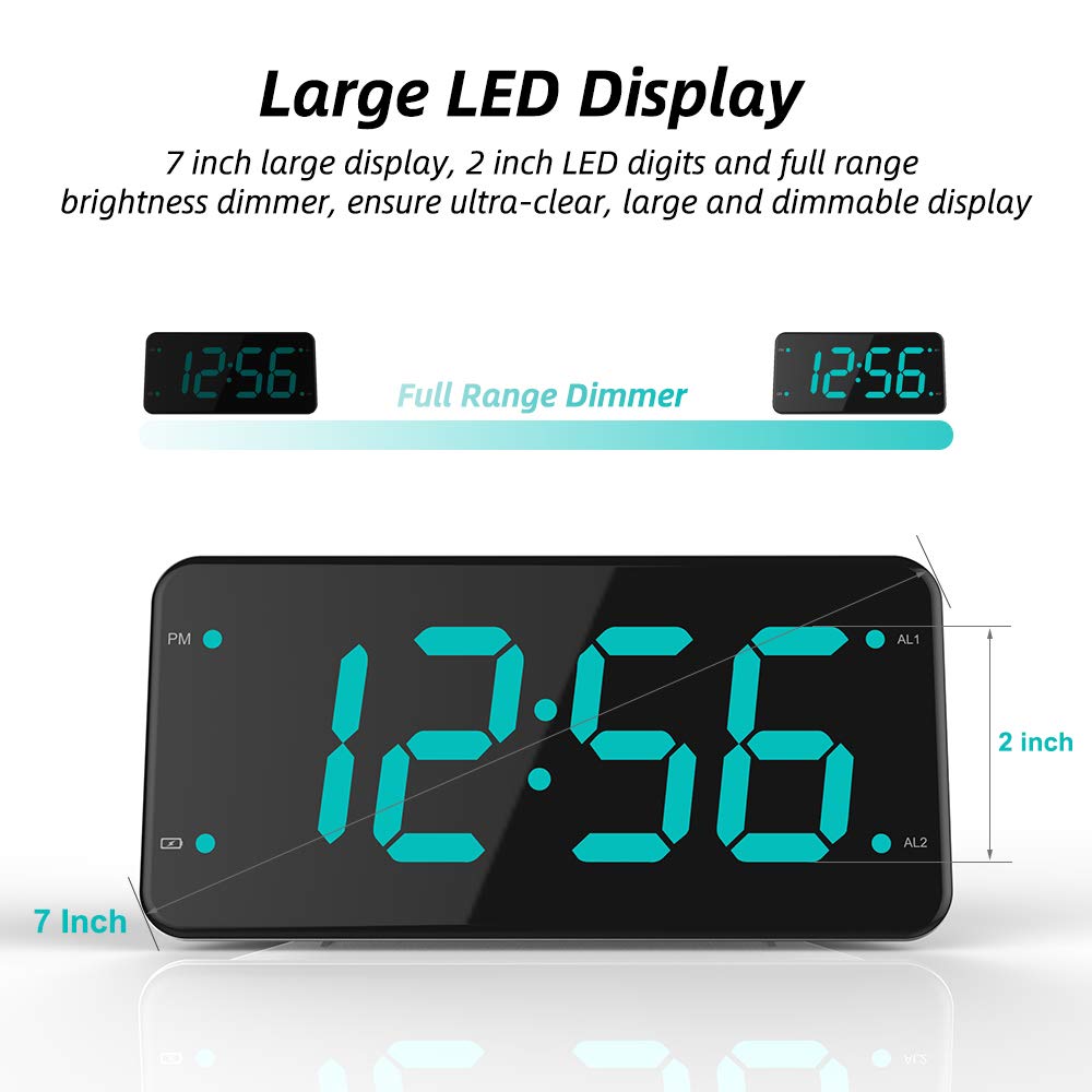 Easy Setting Dual Alarm Digital Clock with Bed Shaker, Extra Loud Alarm, 7” Large Display, Dual USB Charger, Full Range Dimmer, Snooze, Battery Backup, USB Night Light – Eye Protection Green