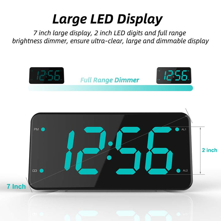 Easy Setting Dual Alarm Digital Clock with Bed Shaker, Extra Loud Alarm, 7” Large Display, Dual USB Charger, Full Range Dimmer, Snooze, Battery Backup, USB Night Light – Eye Protection Green