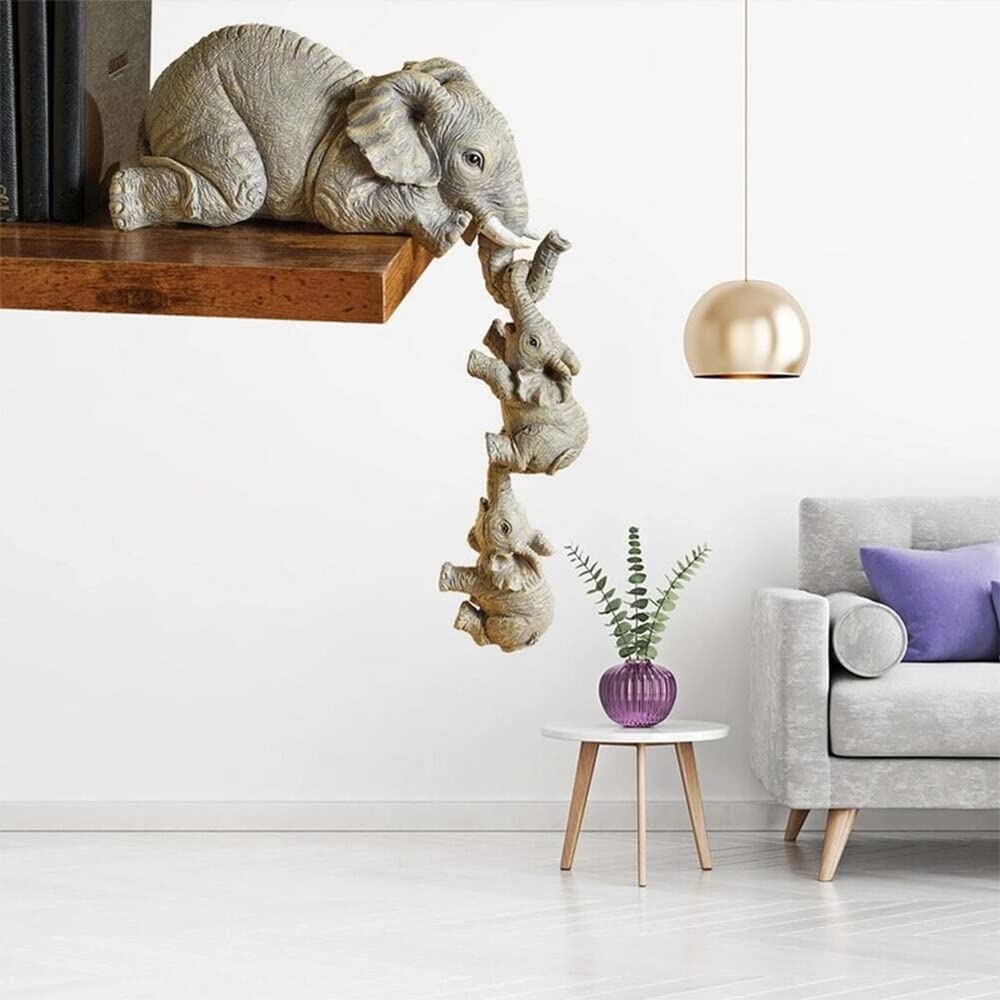 3 Set Elephant Shelf Sitter, Mother Elephant Hanging 2 Baby Elephants on The Edge, Hand-Painted Resin Collectable Figurines for Home Decor Gift