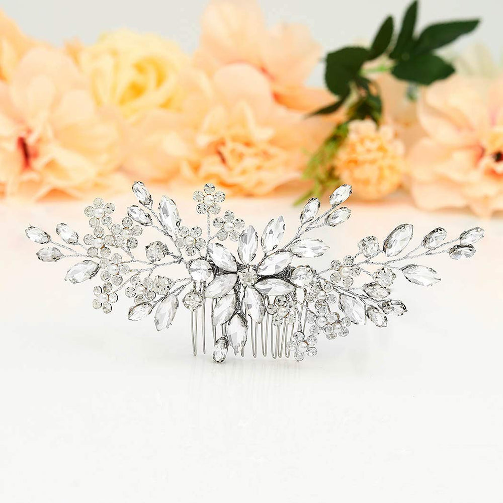 Crystal Bride Wedding Hair Comb Silver Rhinestone Flower Bridal Hair Pieces Pearl Wedding Hair Accessories for Women and Girls… (Silver)